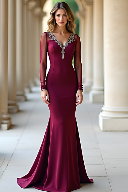 Leely Women Elegant Burgundy Mermaid Formal Dress V Neck Long Sleeves Rhinestones Evening Dress