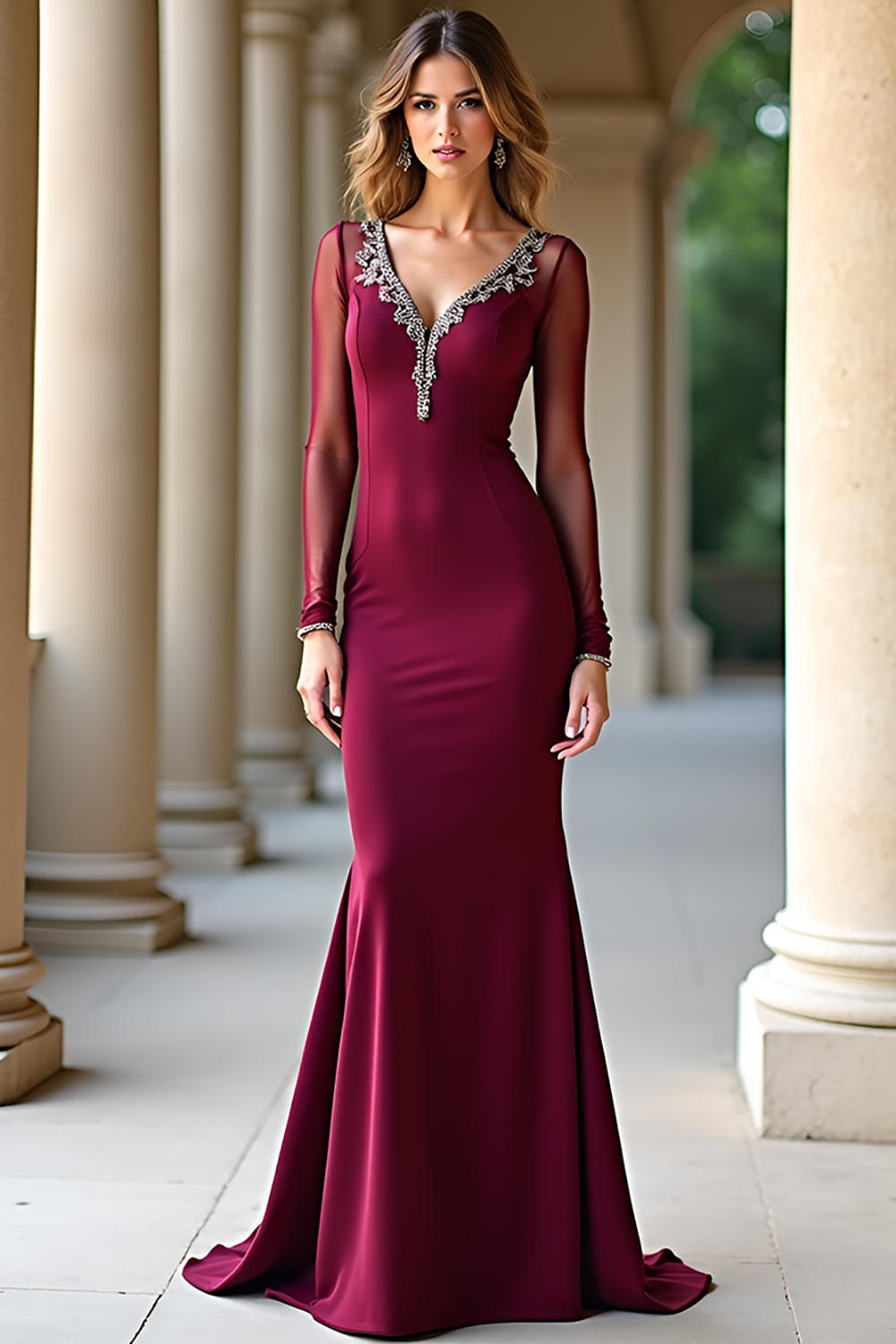 Elegant Burgundy Mermaid V Neck Long Sleeves Formal Dress
