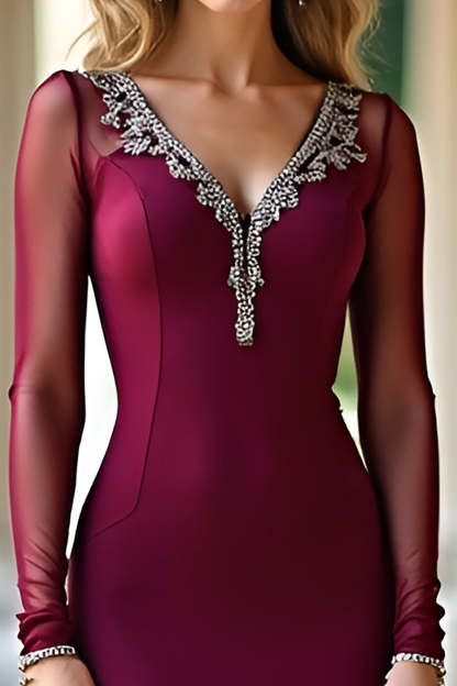 Elegant Burgundy Mermaid V Neck Long Sleeves Formal Dress