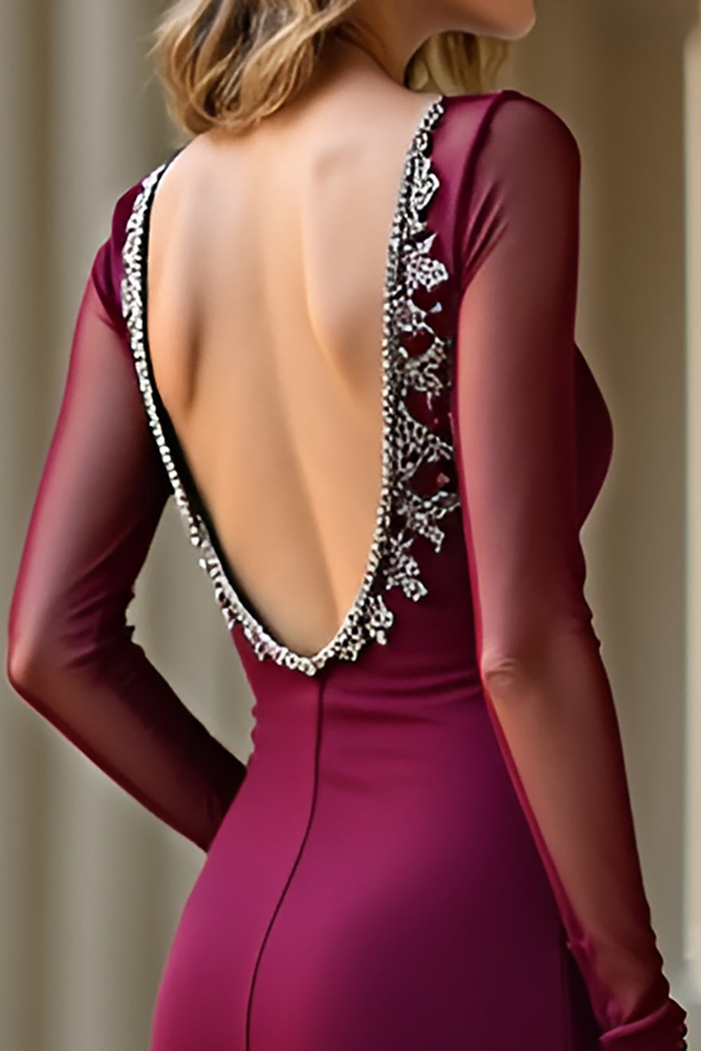 Elegant Burgundy Mermaid V Neck Long Sleeves Formal Dress