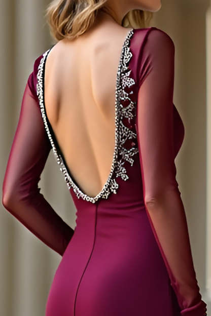 Elegant Burgundy Mermaid V Neck Long Sleeves Formal Dress