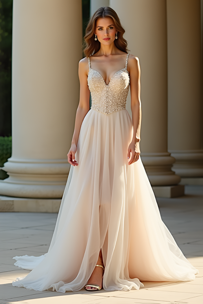 Leely Women Glitter Champagne A Line Prom Dress Spaghetti Straps Sweep Train Formal Dress