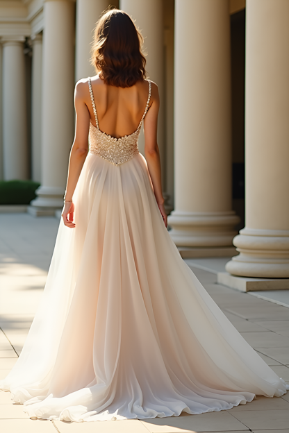 Glitter Champagne Spaghetti Straps A Line Long Prom Dress