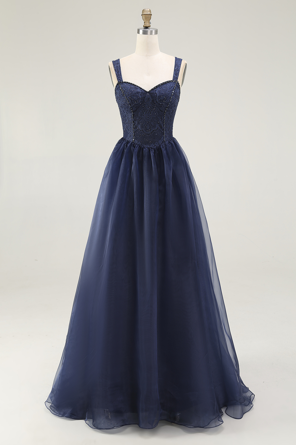 Navy Corset Sweetheart A Line Pleated Long Prom Dress