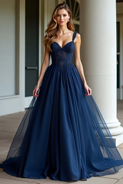 Leely Women Navy Corset A Line Pleated Prom Dress Sweetheart Long Formal Dress