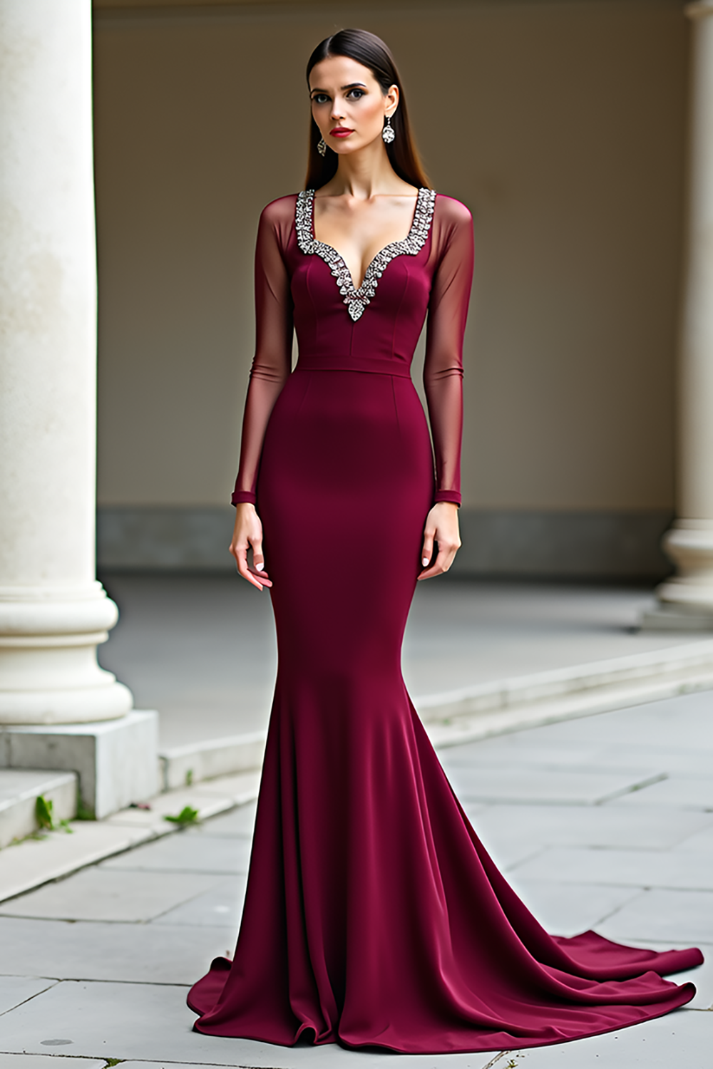Leely Women Elegant Burgundy Sheath Long Sleeves Formal Dress Rhinestones V-Back Evening Dress