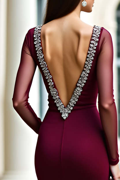 Elegant Burgundy Sheath Long Sleeves Formal Dress with Rhinestones