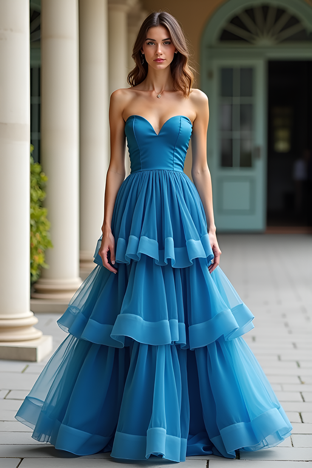 Leely Women Blue Sweetheart A Line Maxi Prom Dress Strapless Tiered Formal Dress