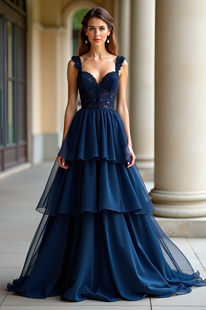 Leely Women Navy Sweetheart Applique A Line Prom Dress Tiered Floor Length Formal Dress