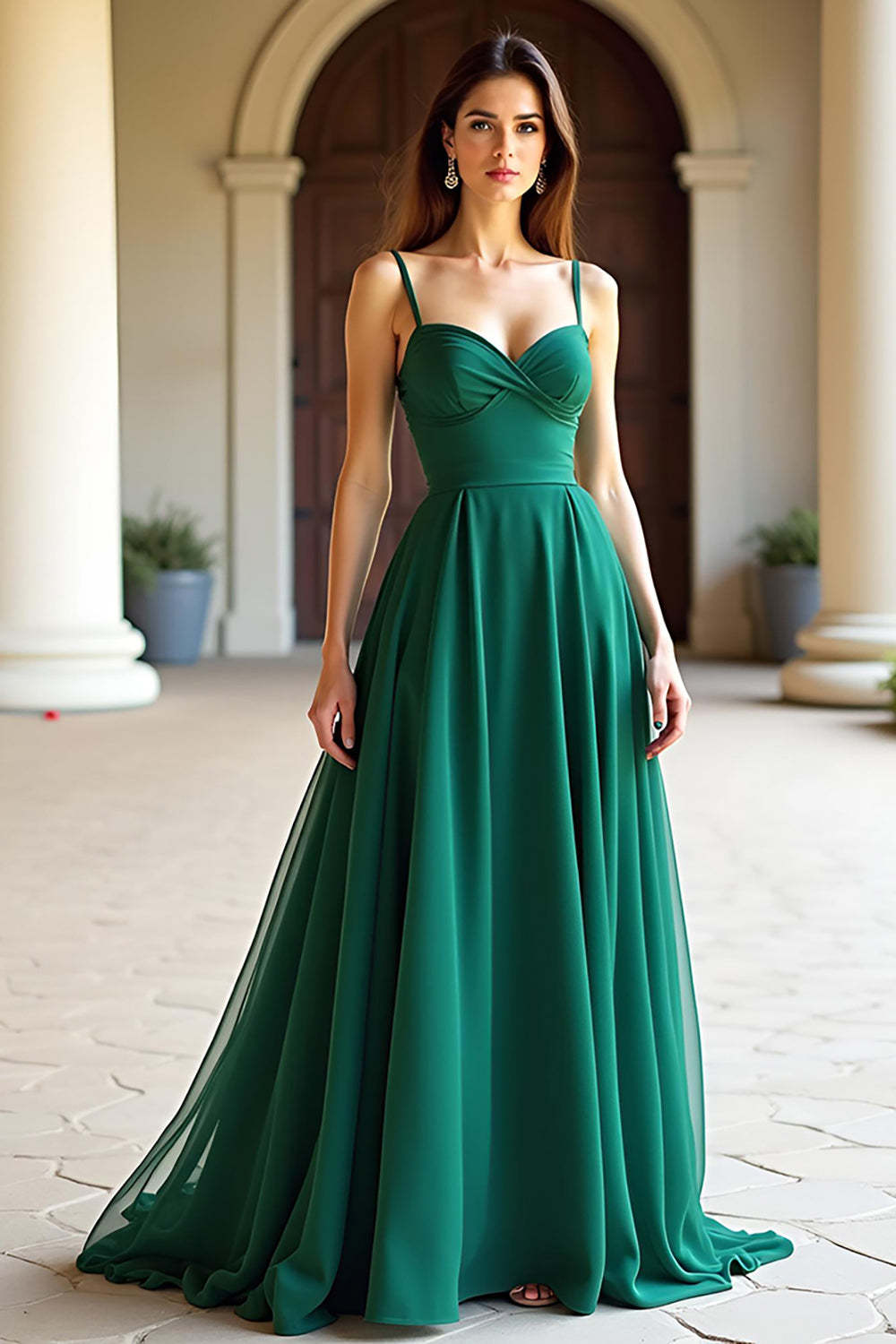 Leely Women Green Spaghetti Straps A Line Prom Dress Corset Floor Length Formal Dress