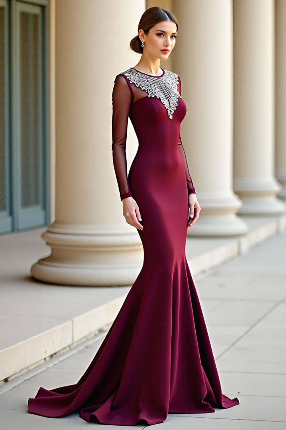 Leely Women Burgundy Round Neck Mermaid Formal Dress Long Sleeves Floor Length Evening Dress