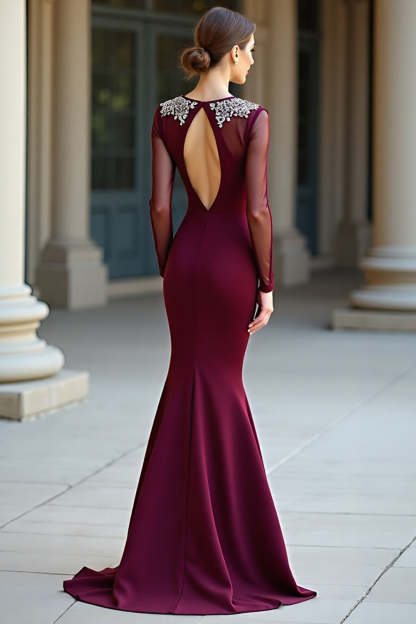 Burgundy Round Neck Mermaid Formal Dress with Long Sleeves