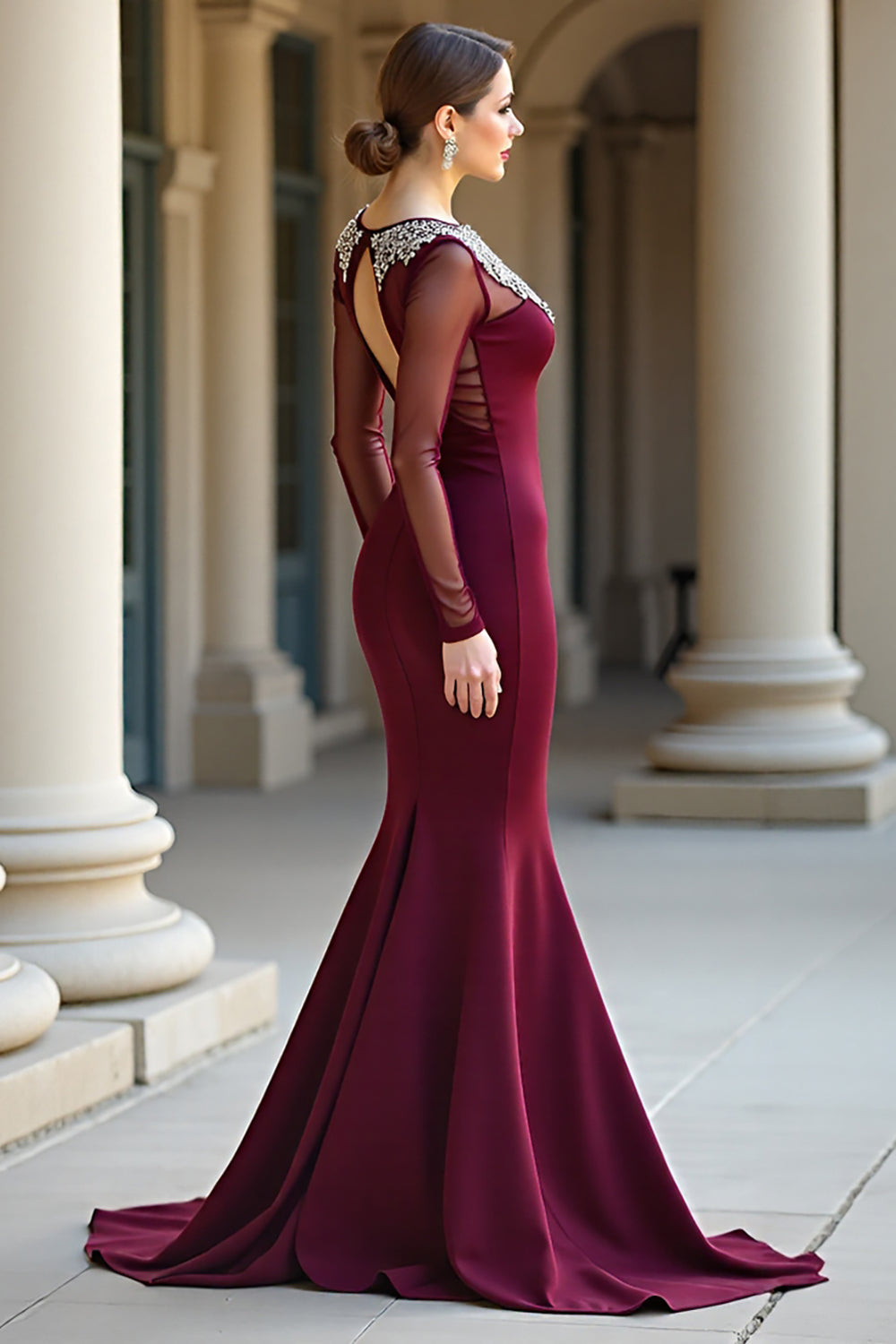 Burgundy Round Neck Mermaid Formal Dress with Long Sleeves