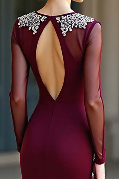 Burgundy Round Neck Mermaid Formal Dress with Long Sleeves