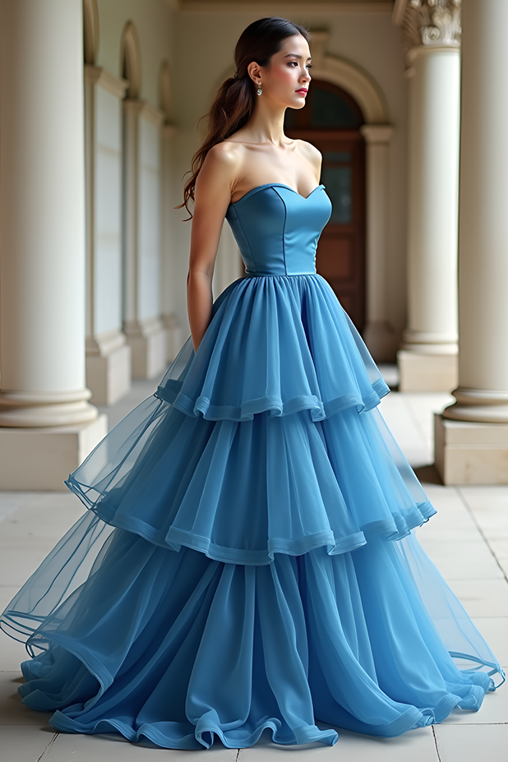 Leely Women Princess Ball Gown Blue A Line Tiered Prom Dress Strapless Floor Length Formal Dress