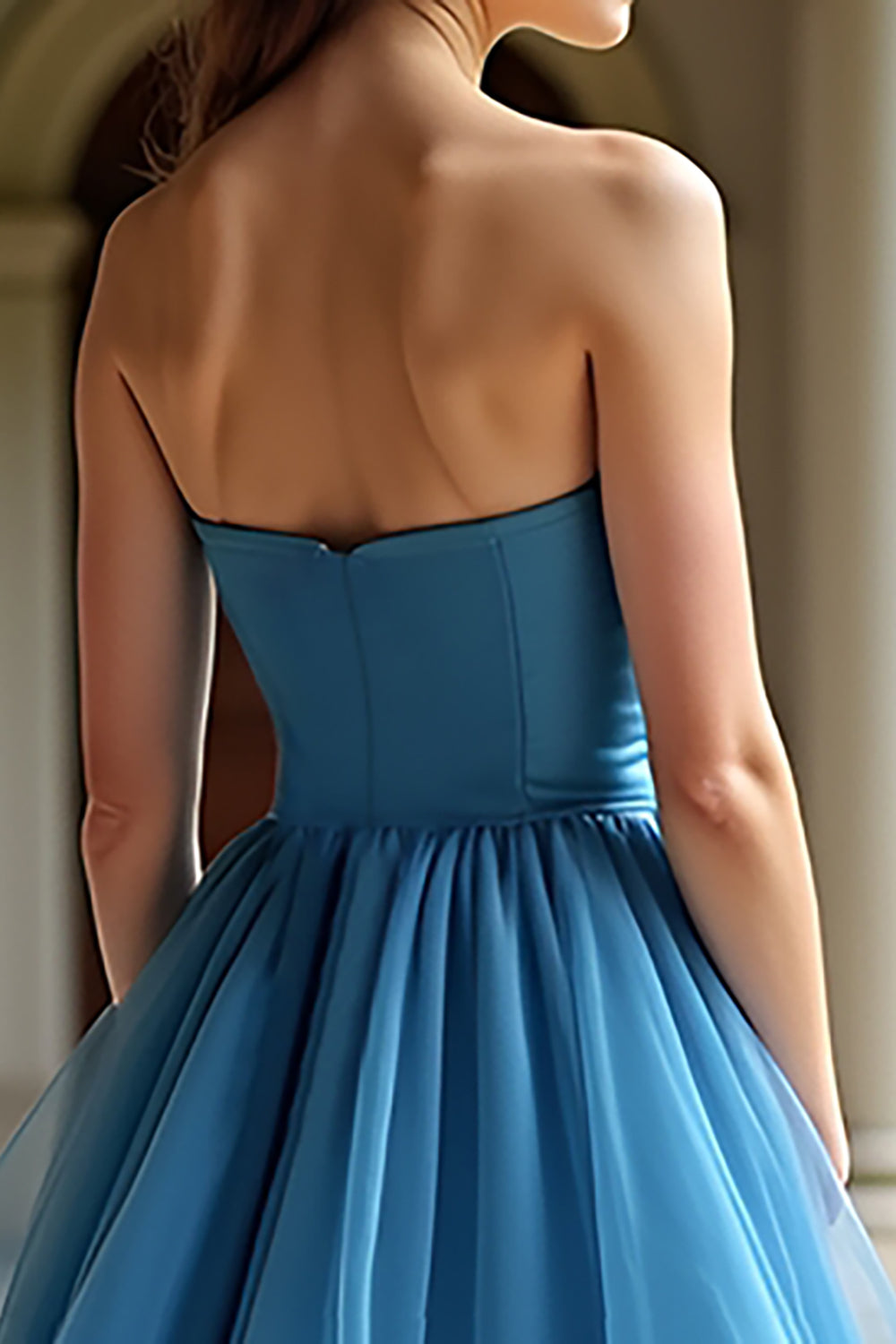 Princess Ball Gown Blue Strapless A Line Tiered Prom Dress