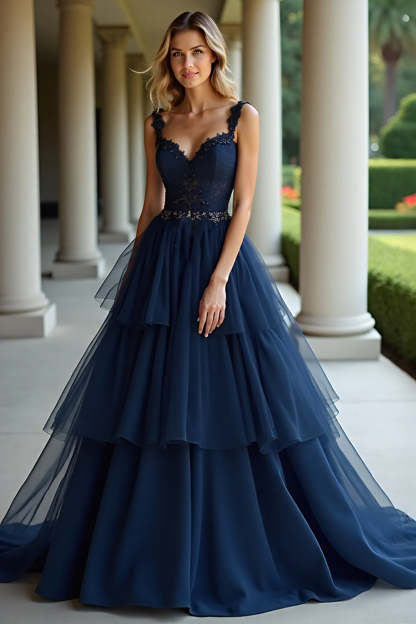 Leely Women Navy A Line Tiered Applique Prom Dress Backless Floor Length Formal Dress