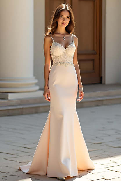 Leely Women Champagne Corset Applique Sheath Prom Dress Spaghetti Straps Floor Length Formal Dress