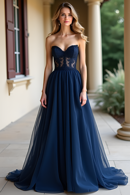 Leely Women Navy Strapless Corset Applique A Line Prom Dress Sweetheart Floor Length Formal Dress