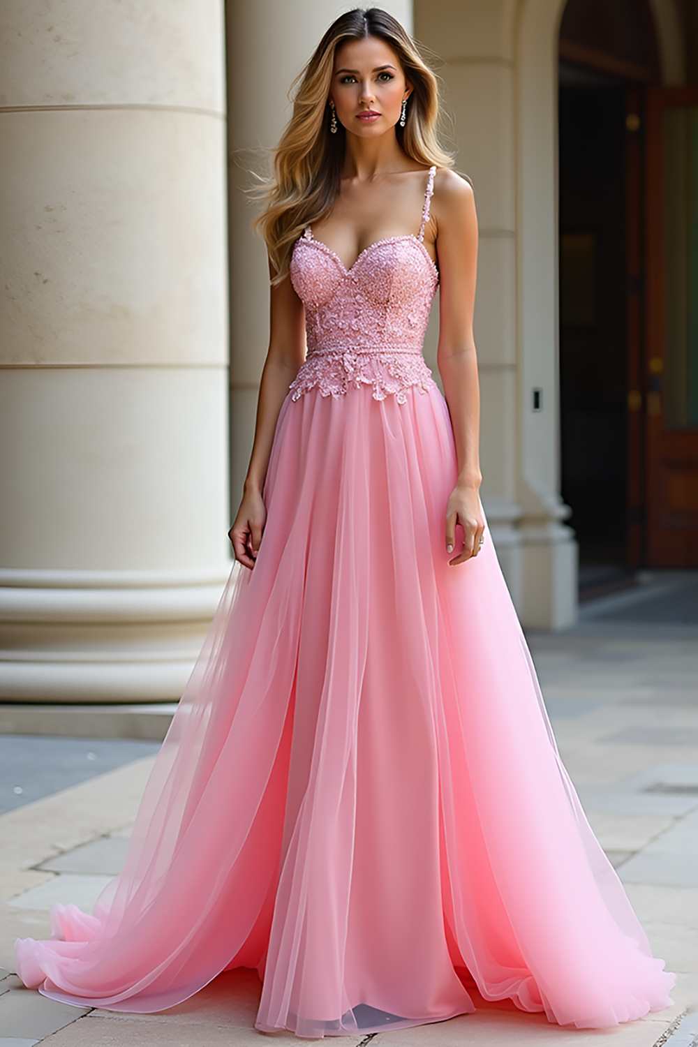 Leely Women A Line Pink Sweetheart Corset Tulle Prom Dress Lace Applique Spaghetti Straps Long Formal Dress