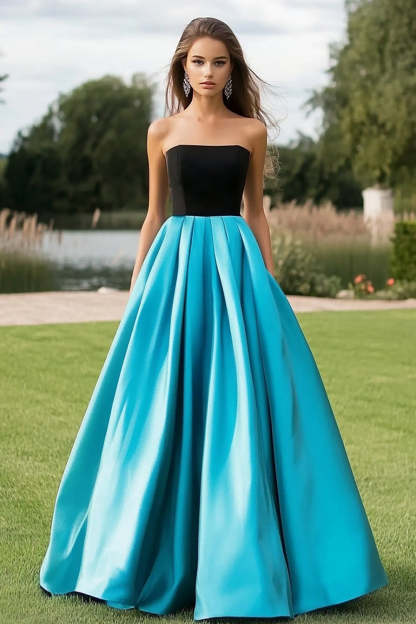Leely Women Elegant Black Blue Ball Gown Satin Prom Dress A Line Square Neck Ruched Strapless Long Formal Dress