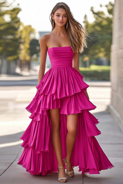 Leely Women Fuchsia Tiered Strapless A Line Prom Dress Ruffled Ruched Satin High-Low Long Formal Dress