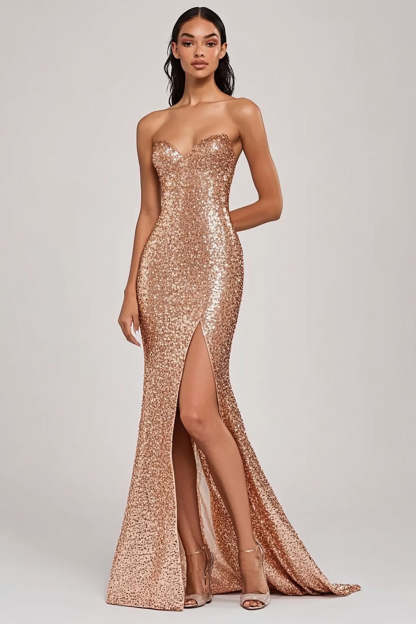 Leely Women Sparkly Champagne Sequined Prom Dress with Slit Mermaid Sweetheart Long Formal Dress