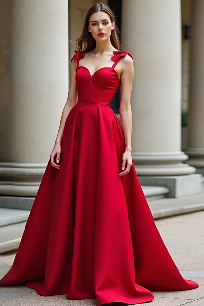 Leely Women Red Ball Gown Satin Sweetheart Prom Dress with Bows Spaghetti Straps Backless Long Military Ball Dress