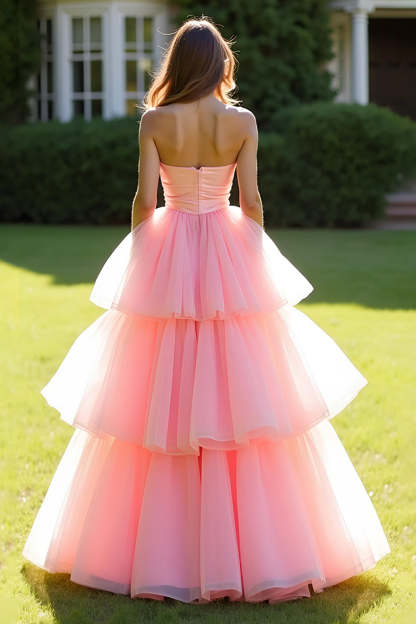 Pink Ball Gown Princess Tiered Strapless Long Prom Dress with Ruffles