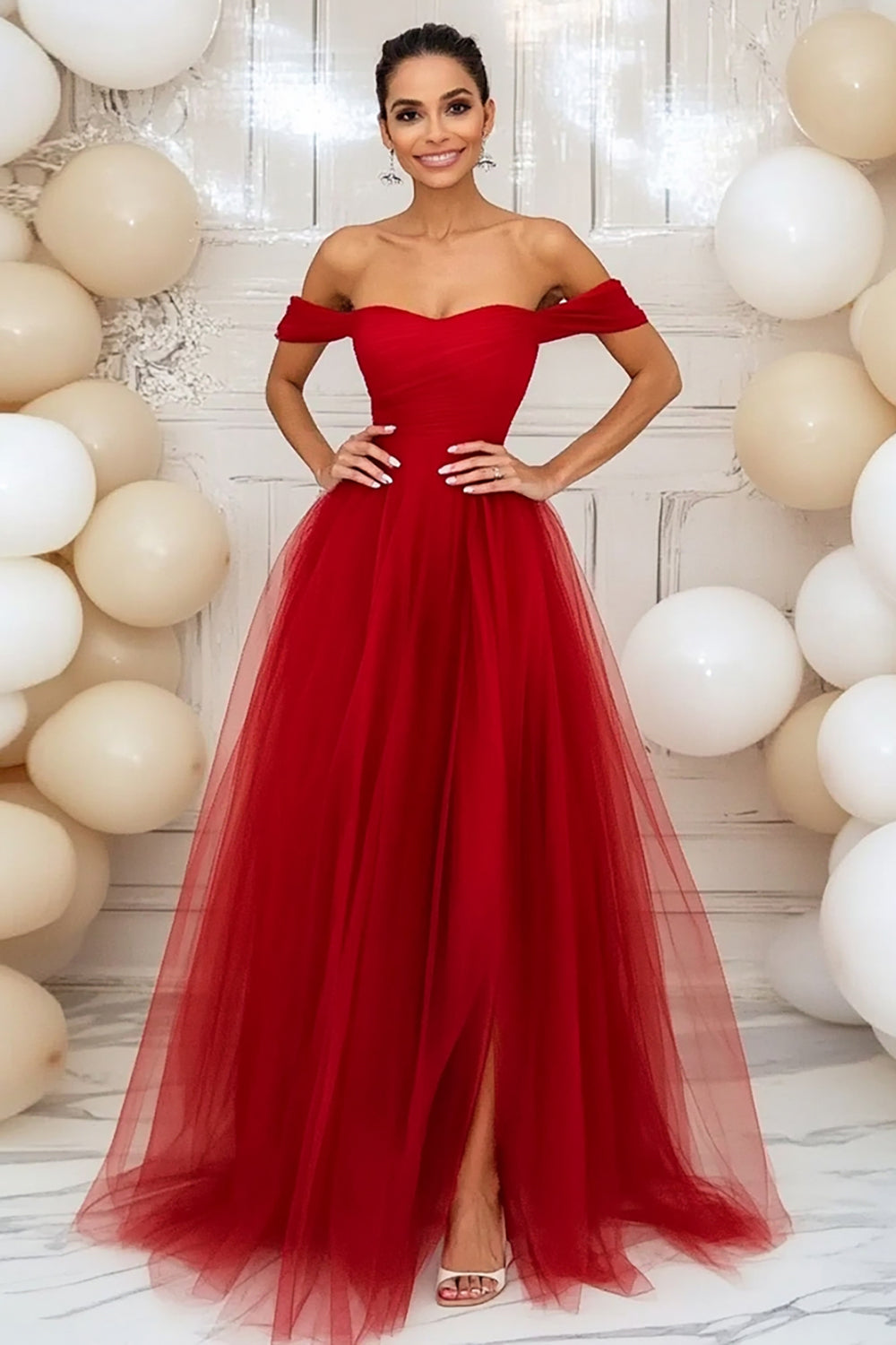 Red Off the Shoulder Tulle Ruched Floor Length Prom Dress