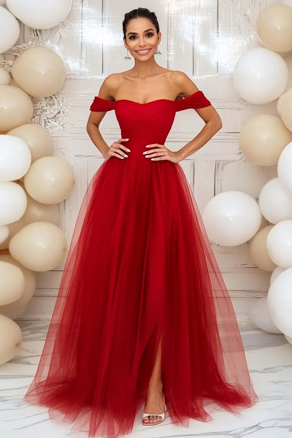 Leely Women A Line Red Tulle Ruched Prom Dress Off the Shoulder Sweetheart Floor Length Formal Dress