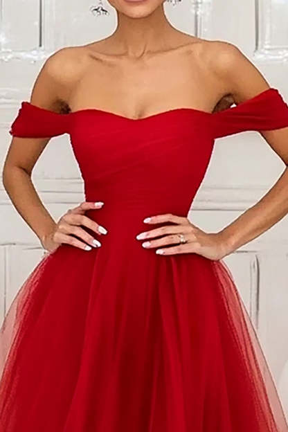 Red Off the Shoulder Tulle Ruched Floor Length Prom Dress