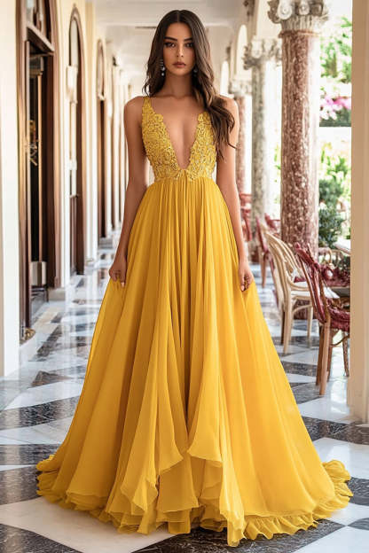 Leely Women Ball Gown Yellow Deep V-Neck Ruffled Prom Dress A Line Appliqued Long Formal Dress
