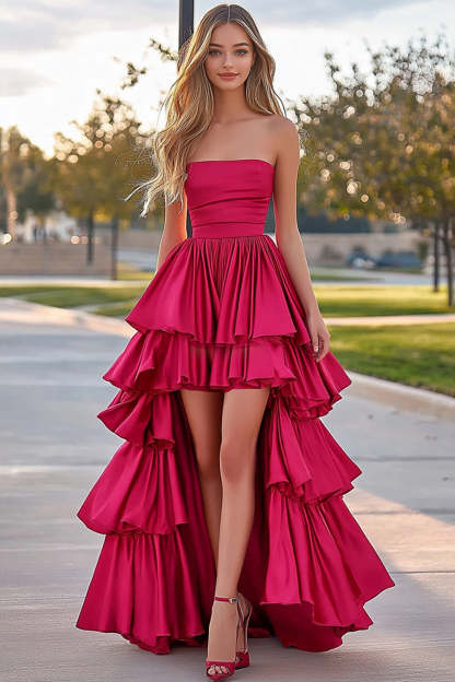 Leely Women Fuchsia A Line High-Low Prom Dress Strapless Tiered Satin Long Formal Dress