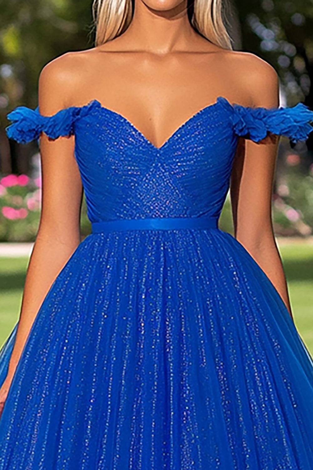 Glitter Royal Blue Ball Gown Off the Shoulder Long Prom Dress with Ruffles