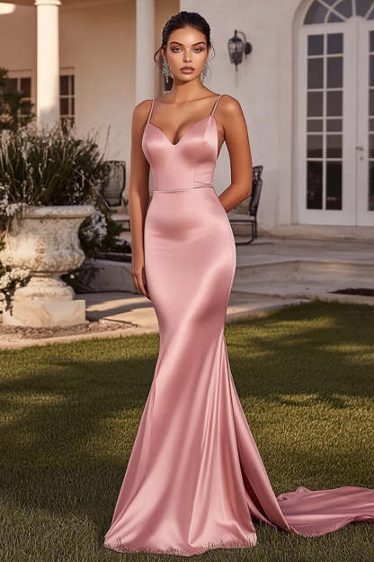Leely Women Pink V-Neck Sheath Satin Prom Dress Spaghetti Straps Sweep Train Formal Dress