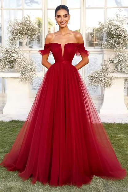 Leely Women A Line Tulle Pleated Red Prom Dress Off the Shoulder Long Formal Dress