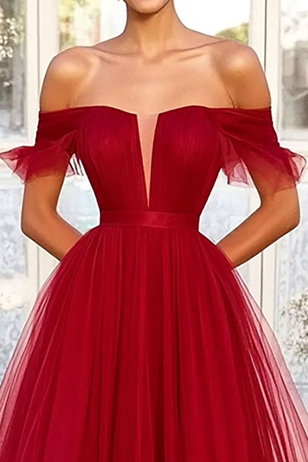 A Line Tulle Red Off the Shoulder Pleated Long Prom Dress