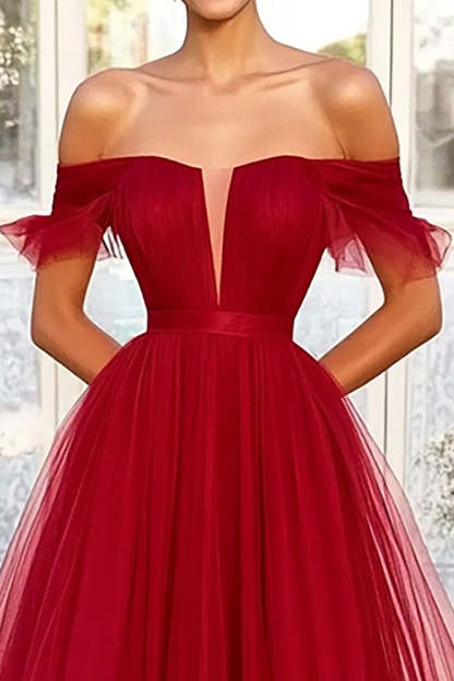 A Line Tulle Red Off the Shoulder Pleated Long Prom Dress