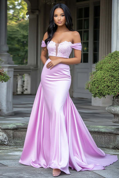 Leely Women 2 Piece Lilac Lace Sheath Satin Prom Dress Off the Shoulder Sweetheart Long Formal Dress