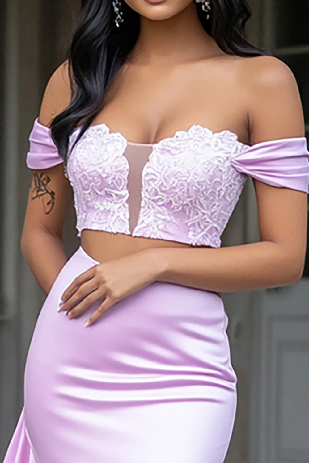 2 Piece Off the Shoulder Lilac Lace Satin Sheath Long Prom Dress