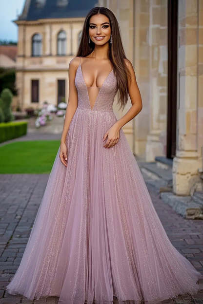 Leely Women Glitter Dusty Rose A Line Prom Dress Deep V-Neck Spaghetti Straps Pleated Long Formal Dress