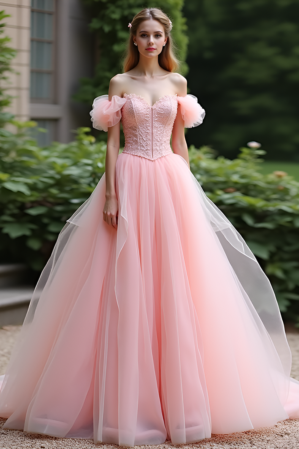 Leely Women Princess Pink Ball Gown Tulle Sweetheart Prom Dress with Ruffles Off the Shoulder Maxi Formal Dress