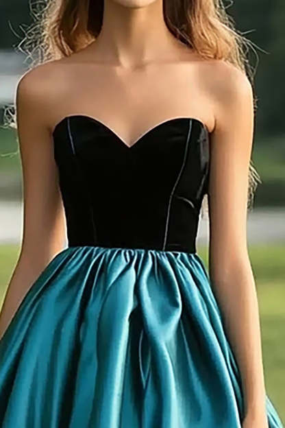 Black Peacock Blue Ball Gown Satin Sweetheart Pleated Long Prom Dress