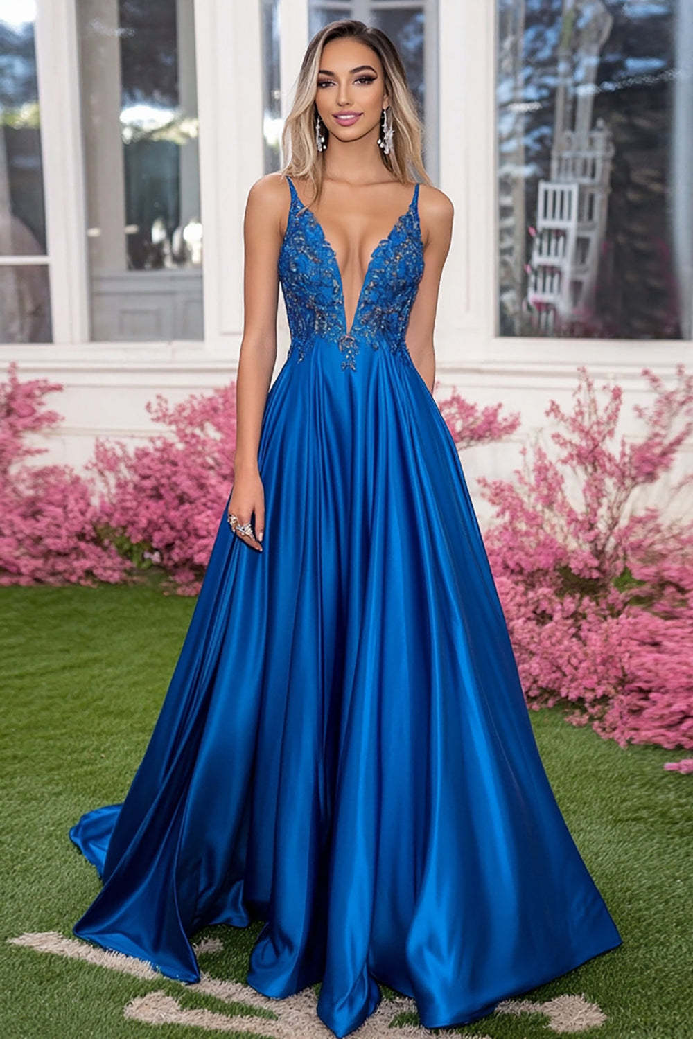 Leely Women A Line Royal Blue Deep V-Neck Prom Dress Satin Spaghetti Straps Applique Long Formal Dress