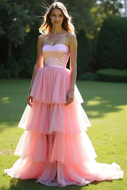 Leely Women Princess Pink Sweetheart Tiered A Line Prom Dress Ruffled Tulle Strapless Long Formal Dress