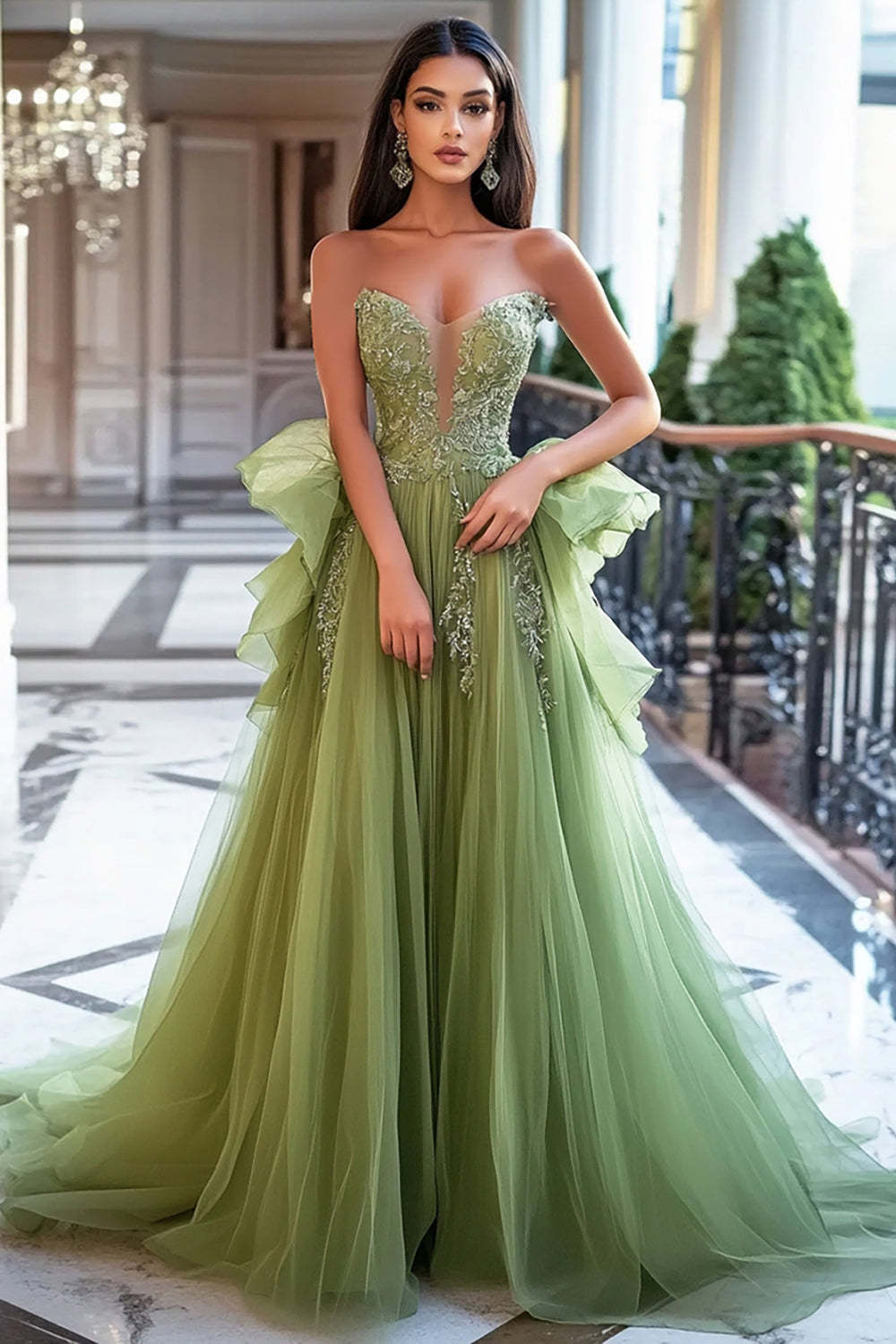 Leely Women A Line Dusty Sage Ruffled Tulle Prom Dress with Lace Appliques Sweetheart Long Formal Dress