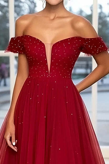 Burgundy Off the Shoulder A Line Long Prom Dress with Beading