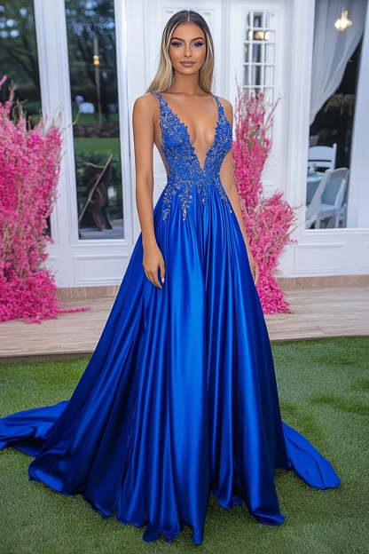 Leely Women A Line Royal Blue Prom Dress with Applique Deep V-Neck Pleated Satin Backless Long Formal Dress