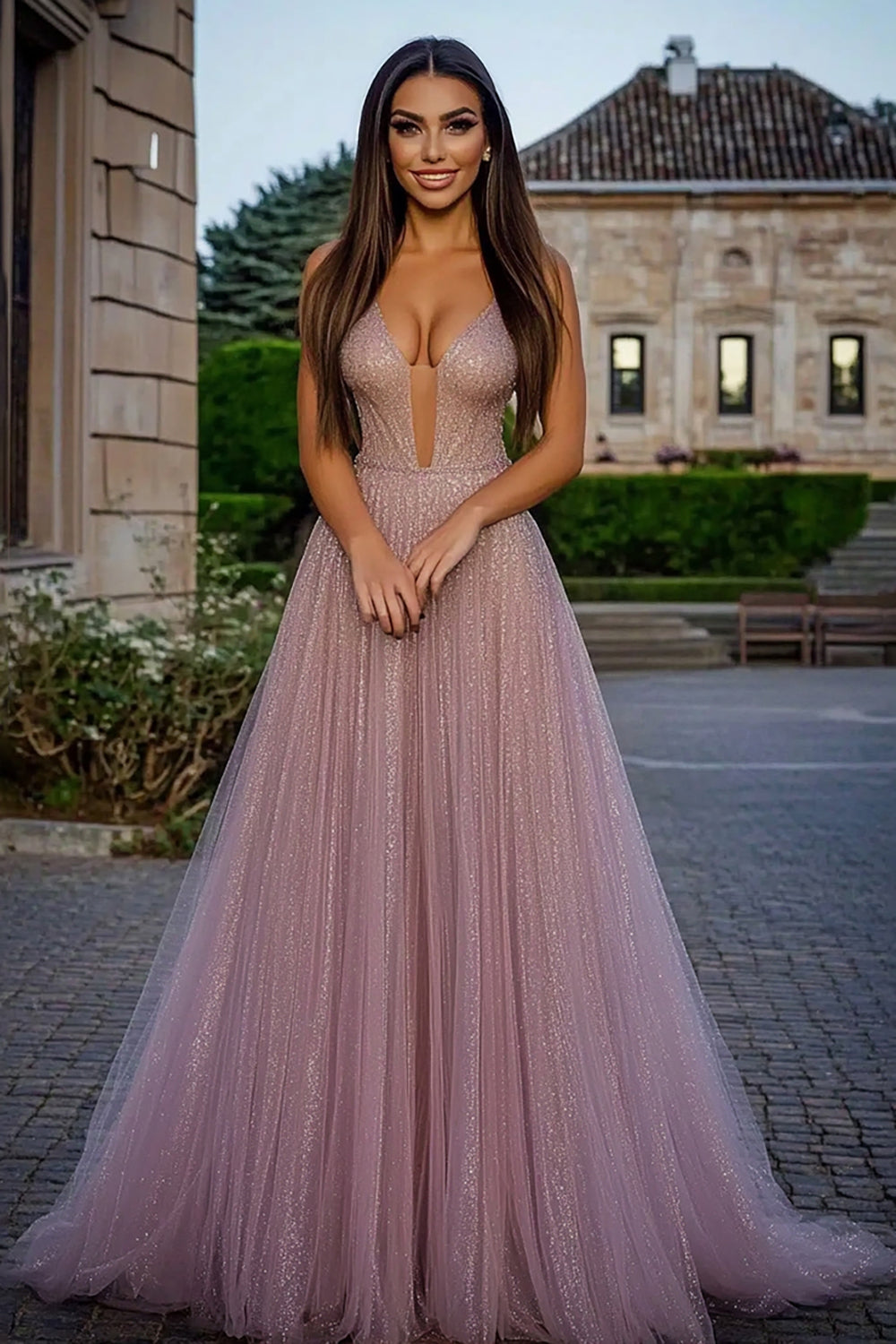 Leely Women Glitter Dusty Rose A Line Tulle Prom Dress V-Neck Pleated Long Formal Dress